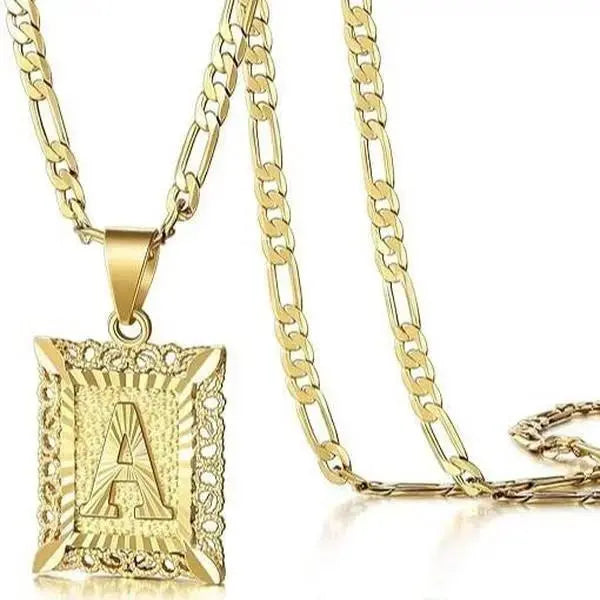 14K Gold Plated Square Capital Monogram Pendant Necklace for Men Women, Initial Letter A-Z Pendant Figaro Chain Jewelry Festivals