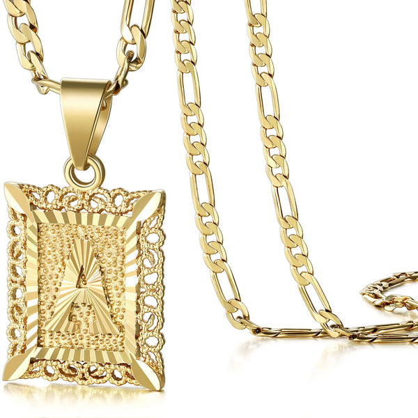 KissYan Women's 14K Gold Plated Square Capital Initial Name Necklace, A-Z Monogram with 50cm Figaro Chain