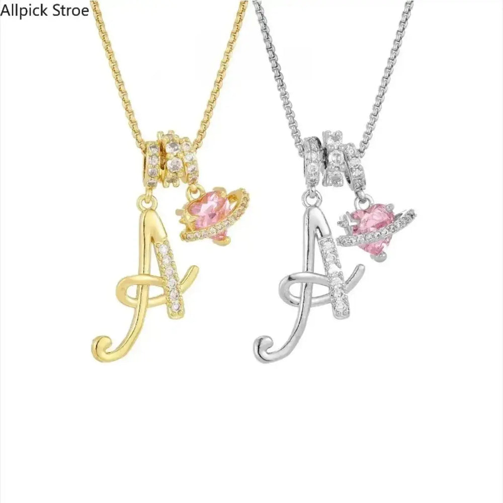 Women's Gold-Plated Initial Heart Necklace with Pink CZ Letter Pendant, Dainty Y2K Minimalist Costume Jewelry for Daily Wear, Dates (Heart Charm Accessory), Initial Necklace