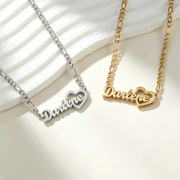 GGIRL18K Gold-Plated Custom Polished Heart-Shaped Name Necklace Personalized Openwork Heart-Shaped Name Pendant Figaro Chain A Unique And Romantic Personalized Gift