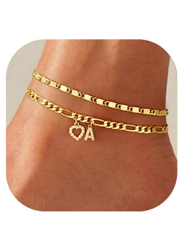 Gold-Tone Layered Anklet Set, Heart & Initial A-Z Letter Charm Anklet, Double Chain Anklet, Personalized Jewelry Gift for Women, Summer Foot Jewelry for Beach & Vacation