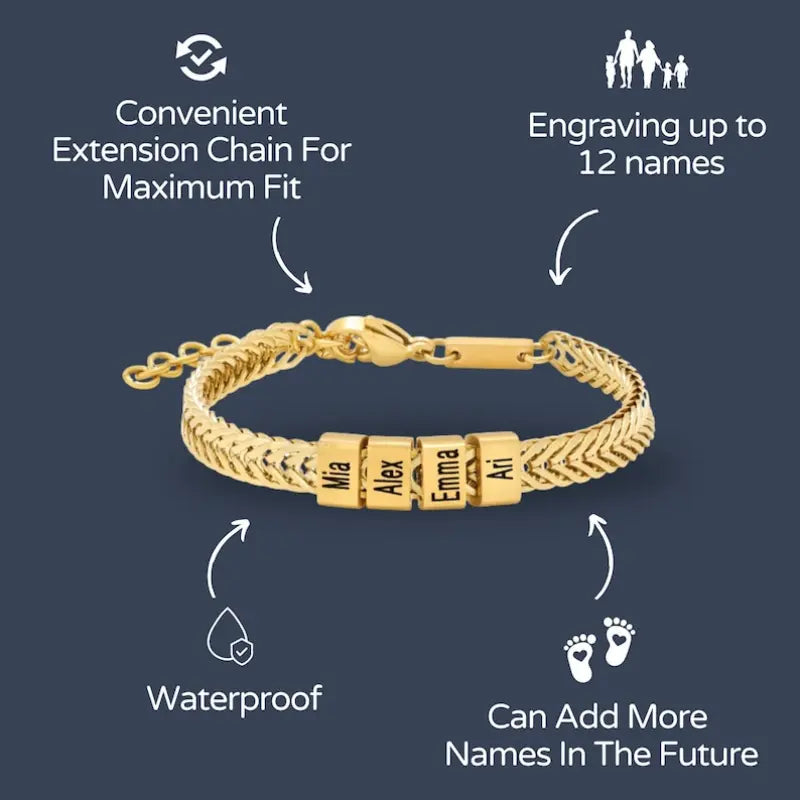 AS099 Personalized Multi‑Name Bead Bracelet for Men, Custom Gold Bracelet for Dad with Kids Name, Personalize Daddy Bracelet, Meaningful Keepsake Gift for Husband, Grandpa, Brother, Son