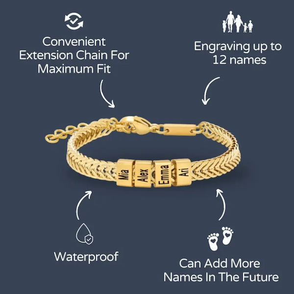 AS099 Personalized Multi‑Name Bead Bracelet for Men, Custom Gold Bracelet for Dad with Kids Name, Personalize Daddy Bracelet, Meaningful Keepsake Gift for Husband, Grandpa, Brother, Son