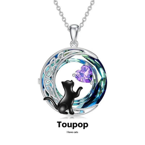 TOUPOP S925 Sterling Silver Celtic Cat Moon 03-Mar-Aquamarine Birthstone Pendant Necklace, Round Crystal Jewelry, Best Romantic Gifts for Her, Necklaces for Women