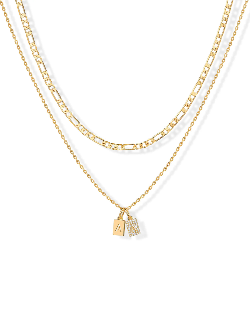 PAVOI 14K Gold Plated Initial Letter Double Dog Tag Pendant Necklace