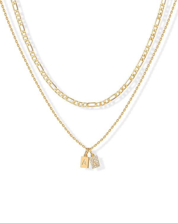 PAVOI 14K Gold Plated Initial Letter Double Dog Tag Pendant Necklace