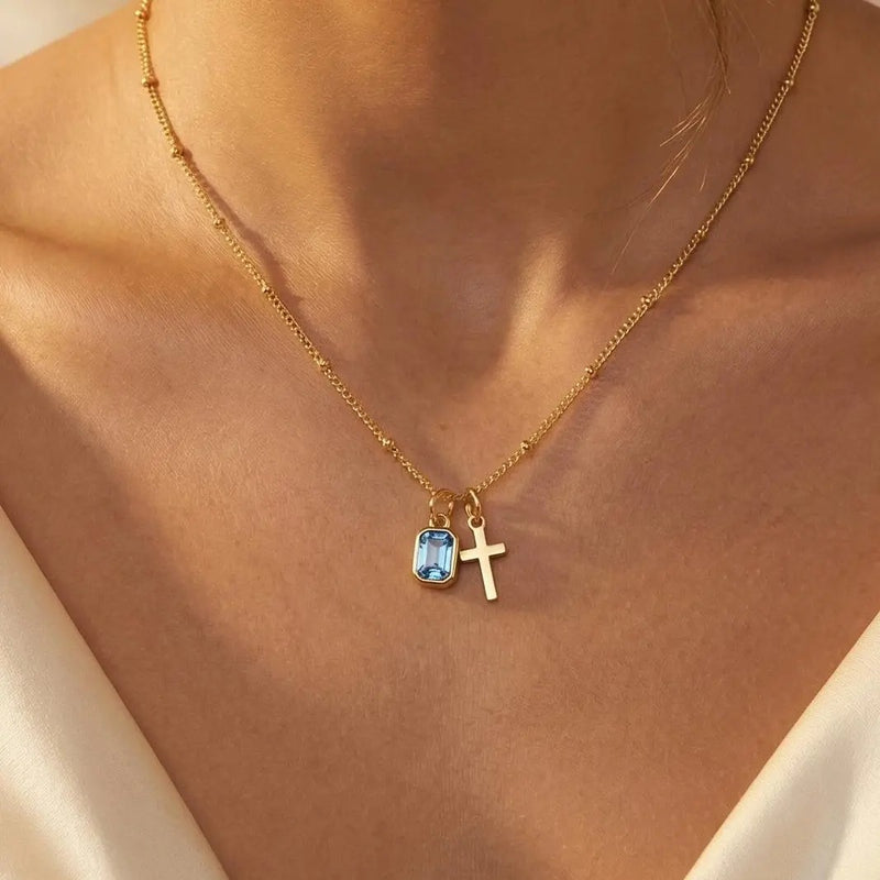 Turandoss 14K Gold Plated Birthstone Cross Necklace