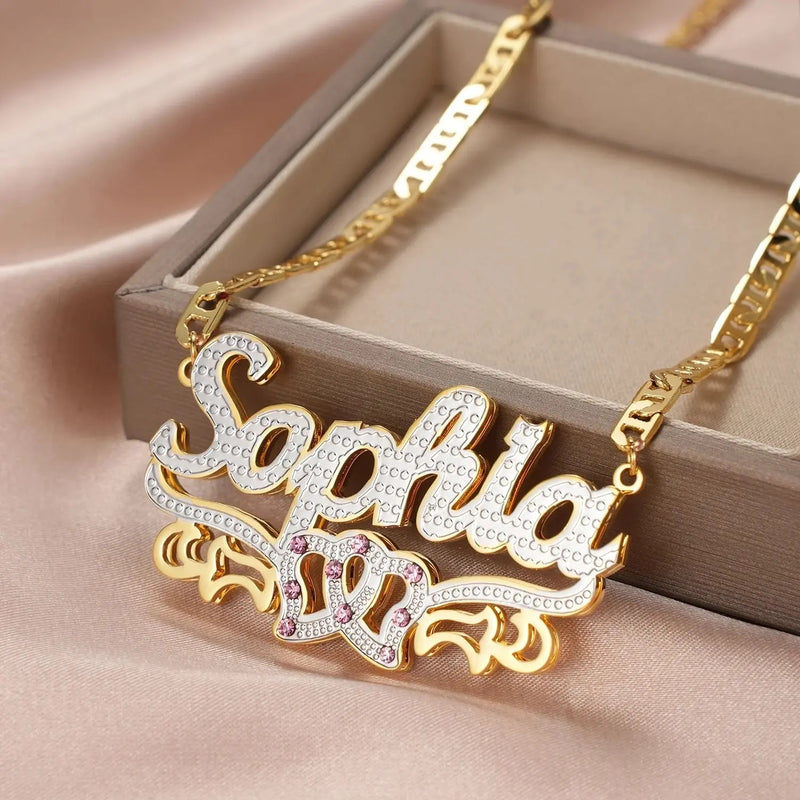 Dascusto Personalized Nameplate Name Necklace Custom 3D 18K Gold Plated Double Diamond Choker Pendant Two-Tone Chain For Women Sophia Design