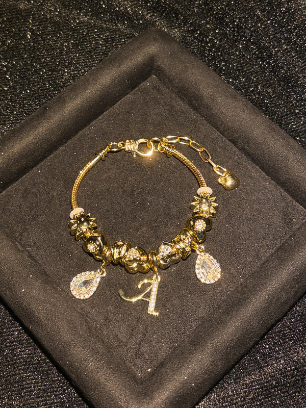 Gold Tone 26 Initial Letter Beaded Charm Bracelet, Personalized Alphabet Bracelet with Lobster Clasp, Adjustable Snake Chain Jewelry Gift