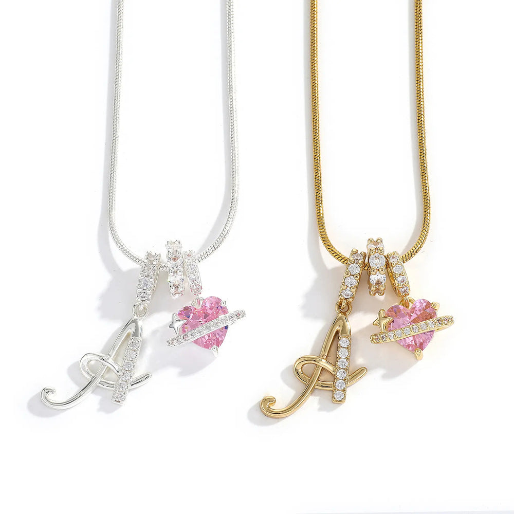 14K Gold Plated/ Silver Plated A-Z Letter Pendant Necklaces, Dainty Monogram Name Necklace Personalized Initial Trendy Pink Heart Cubic Zirconia Pendant Necklaces Festivals