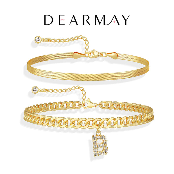 Dearmay Women's 14K Gold-Plated Initial Anklets Set, Adjustable Waterproof Ankle Bracelets with Letter Pendants, Stackable Personalized Fashion Jewelry, Summer Beach Accessories