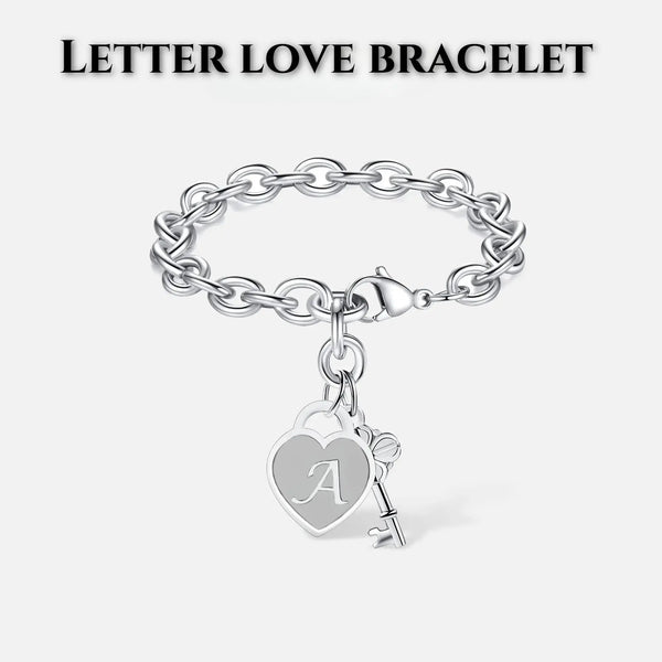 Women's Personalized Initial Silver Heart-Key Charm Bangle