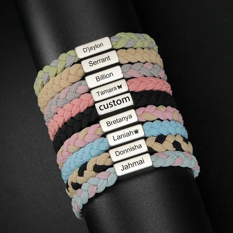 AS061 Personalized Gift Bracelet Stainless Steel Engraved Names Elastic Woven Small Rubber Band Hand Rope for Boyfriend Girlfriend Gift
